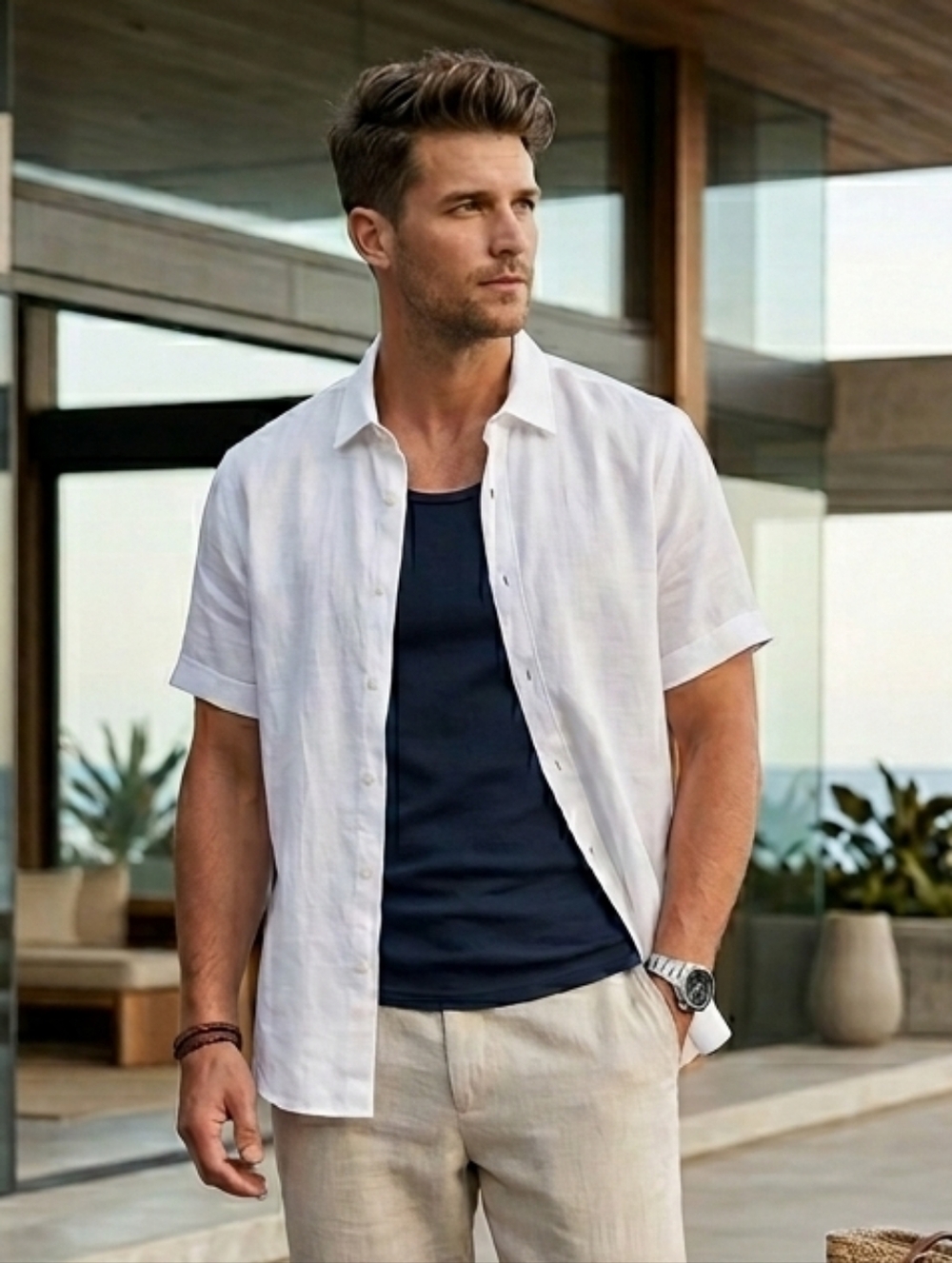 NWT Perry Ellis L Modern Resortwear Beach Vacation Linen Blend Button Down Shirt